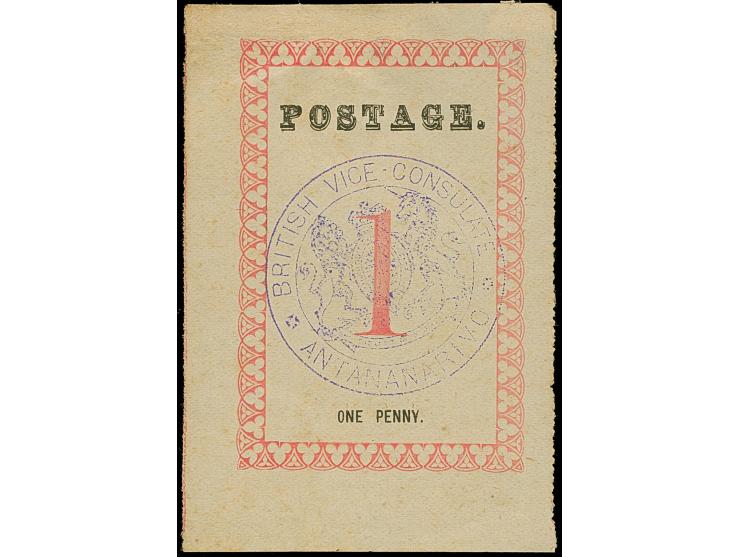 1886, 1 d. rose, 'postage' 29.5 mm, Handstamped ‘British/Consular/Mail/Antananarivo’ in violet, unused without gum, tiny thin