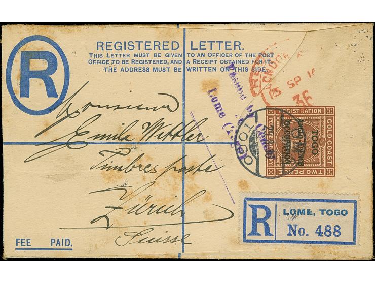 1916, small format registered letter envelope 1d. brown with pair London printing George V. 2 d. grey as additional franking 