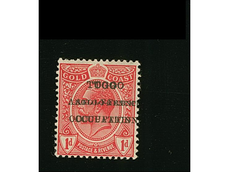 1915, Gold Coast KGV definitives 1 d. red showing variety double overprint ´TOGO / ANGLO-FRENCH / OCCUPATION´, unused, very f