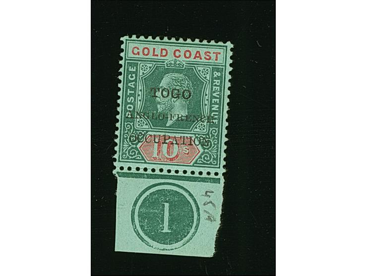 1915, Gold Coast KGV definitives 10 sh. green and red showing variety ‘small F’ in overprint ´TOGO / ANGLO-FRENCH / OCCUPATIO