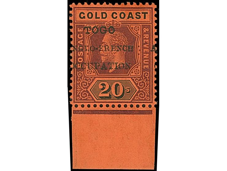 1915, Gold Coast KGV definitives ten bottom margin values up to 20s. with black opt. ´TOGO / ANGLO-FRENCH / OCCUPATION´, unus
