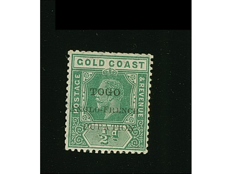 1915, Gold Coast KGV definitives ½ d. green showing variety ‘missing OC’ in overprint ´TOGO / ANGLO-FRENCH / OCCUPATION´, unu