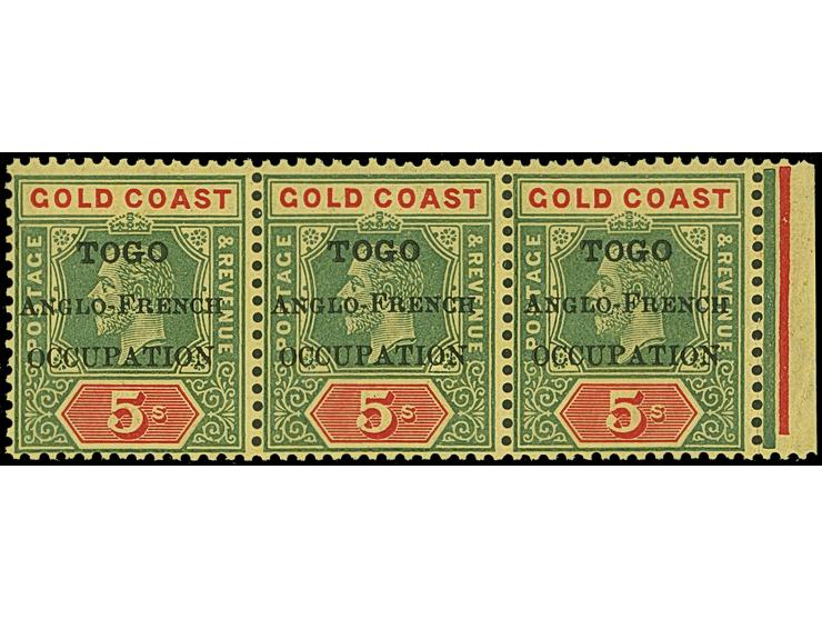 1916, Gold Coast KGV multiples up to 5 s. with black opt. ´TOGO / ANGLO-FRENCH / OCCUPATION´ thick letters, all mint never hi