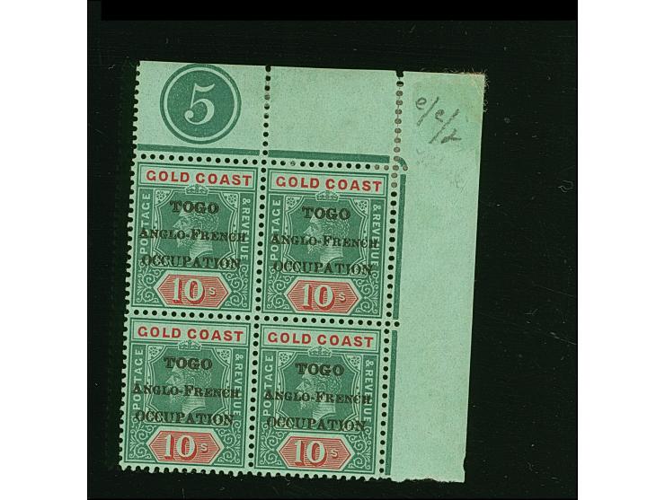 1916, Gold Coast KGV 10 sh. corner margin block of four with imprint, black opt. ´TOGO / ANGLO-FRENCH / OCCUPATION´ thick let