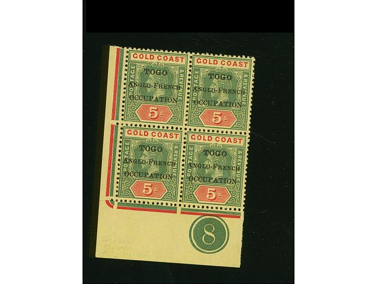 1916, Gold Coast KGV 5 s. green and red/yellow, corner margin block of four with imprint, black opt. ´TOGO / ANGLO-FRENCH / O