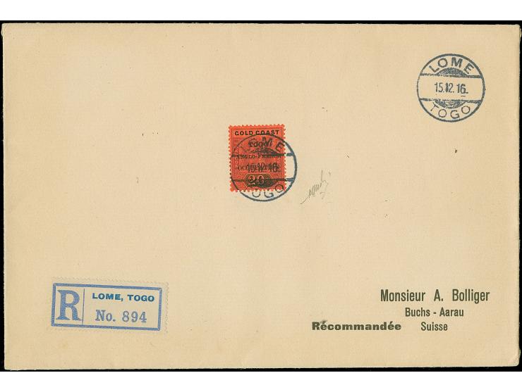 1916, Gold Coast KGV 20 sh. purple and black/red, overprint thick letters ´TOGO / ANGLO-FRENCH / OCCUPATION´, tied to registe