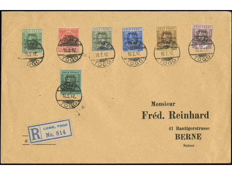 1916, Gold Coast KGV seven stamps up to 1 sh., each overprinted thick letters ´TOGO / ANGLO-FRENCH / OCCUPATION´, tied to reg