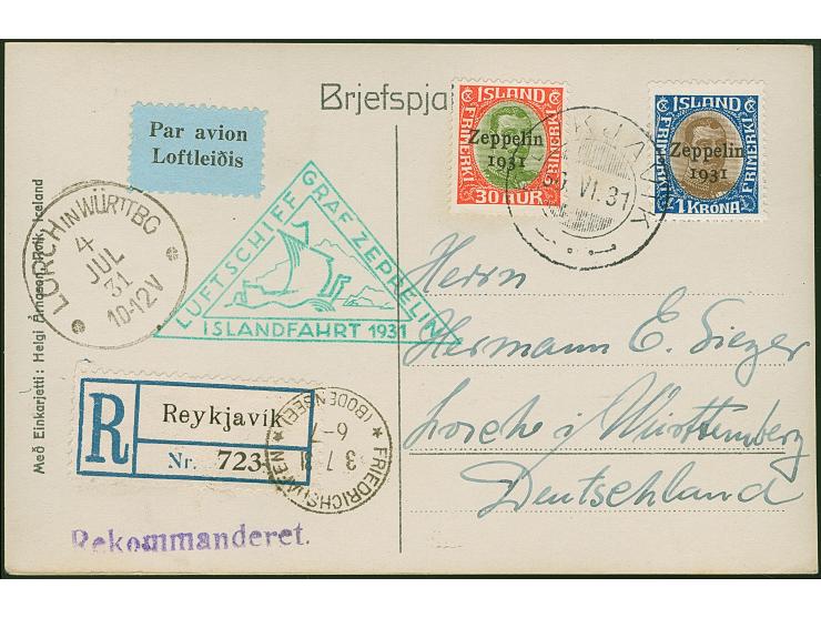 1931, Islandfahrt, Isländische Post, Karte mit 30 Aur. und 1 Kr. Zeppelin, sowie Brief mit 2 Kr. Zeppelin, je an Sieger/Lorch