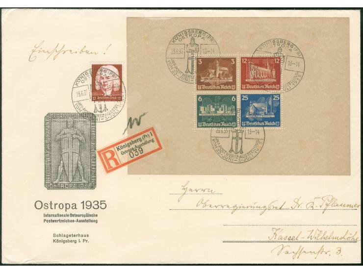 1935, OSTROPA-Block (winzige Randkerbe) mit Ersttagssonderstempel auf eingeschriebenem Sonderumschlag nach Kassel mit Ankunft