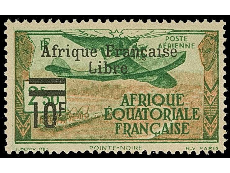 1940/41, airmail stamps optd. ´Afrique Francaise Libre´ and two with surcharge of new value, 10 fr. on 2.50 fr. and 50 fr. on