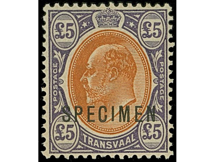 1903, King Edward VII set of four 1 s. to £5 orange-brown and violet, watermarked Crown CA, each overprinted SPECIMEN in blac