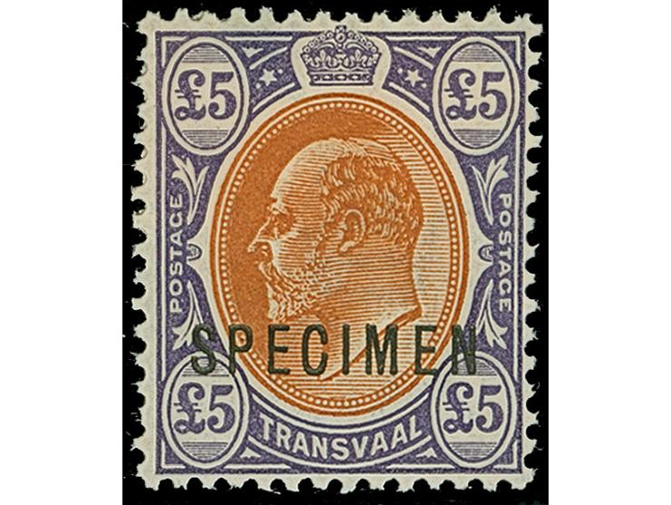 1903, King Edward VII set of four 1 s. to £5 orange-brown and violet, watermarked Crown CA, each overprinted SPECIMEN in blac