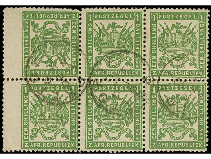 1883, Eagle with spread wings 1 s. green, re-issue, horizontal tete-beche block of six, clear cancelled PRETORIA, two tiny sh