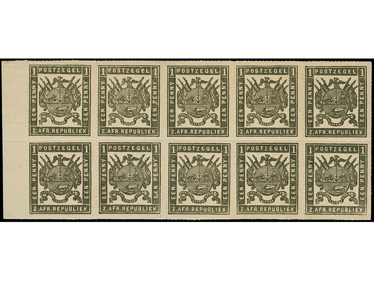1870/71, Typographed by J.P. Borrius at Potchefstroom, 1 d. black, left margin horizontal block of ten, thin transparent pape