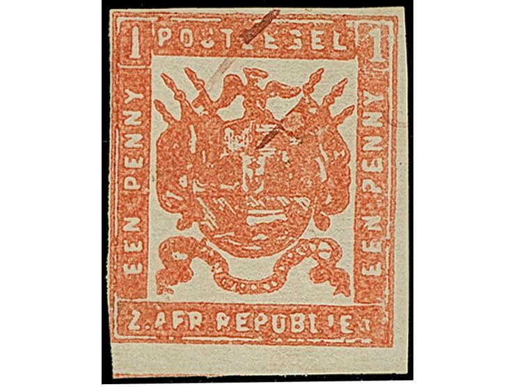 1870 , Typographed by Cellier in Pretoria, three imperf stamps 1 d. orange-red, dull red and bright red, good margins, coarse