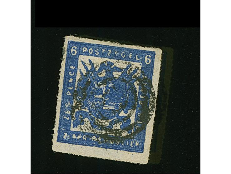 1870, Typographed by M.J. Viljoen in Pretoria 6 d. deep ultramarine, blotchy coarse impression on medium paper, rouletted 15½