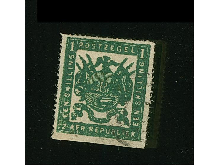 1870, Printed by M.J. Viljoen 1 s. deep green from over-inked plate, medium paper, heavy printing, fine roulette 15 1/2 to 16
