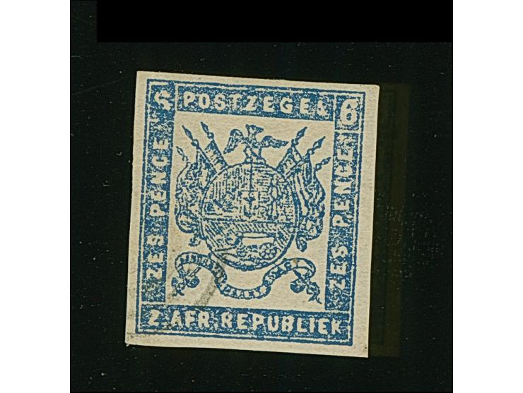 1870, Typographed by M.J. Viljoen in Pretoria 6 d. dull ultramarine, coarse impression, imperforate, light cancelled, large m