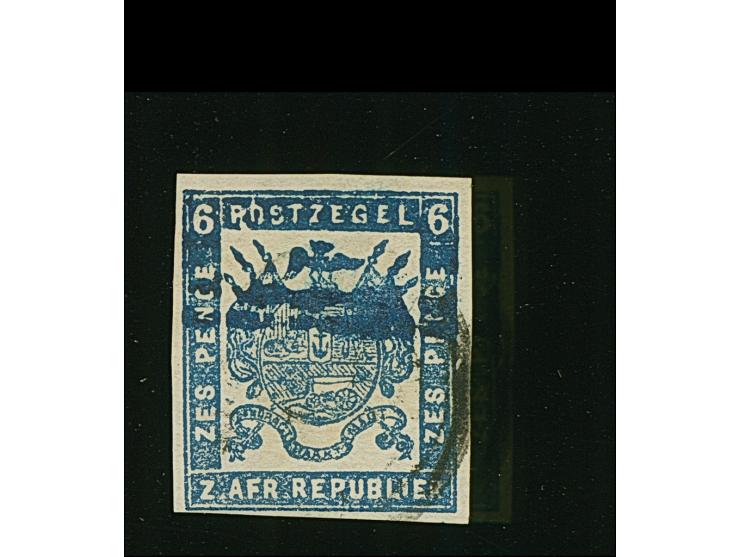 1870, Typographed by M.J. Viljoen in Pretoria 6 d. deep ultramarine, coarse impression on medium paper, imperf, clear cancell