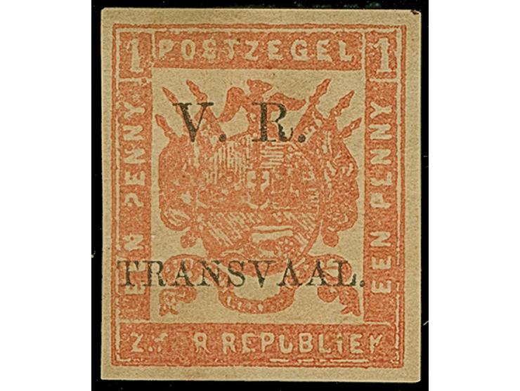 1877, "V.R. / Transvaal" Celliers 1 d. bright red on stout hard surfaced and soft paper, four stamps imperforate, optd. Type 