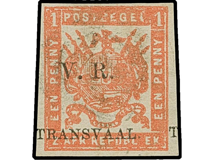 1877, "V.R. / Transvaal" Celliers 1 d. bright red on stout hard surfaced and soft paper, two stamps imperforate, optd. Type 4