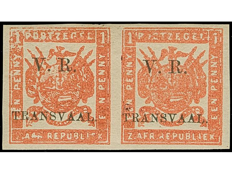1877, "V.R. / Transvaal" Celliers 1 d. bright red on stout hard surfaced paper, imperforate horizontal pair, optd. Type 4 in 