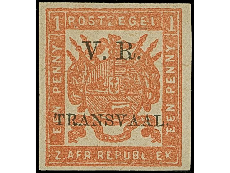 1877, "V.R. / Transvaal" Celliers 1 d. bright red on stout hard surfaced and soft paper, four stamps imperforate showing colo