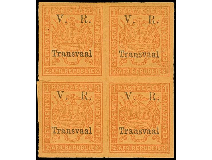1877/79, Overprinted ´V.R./Transvaal´ in black. 1d. red on orange, imperforate block of four, prefolded and cut into at left 