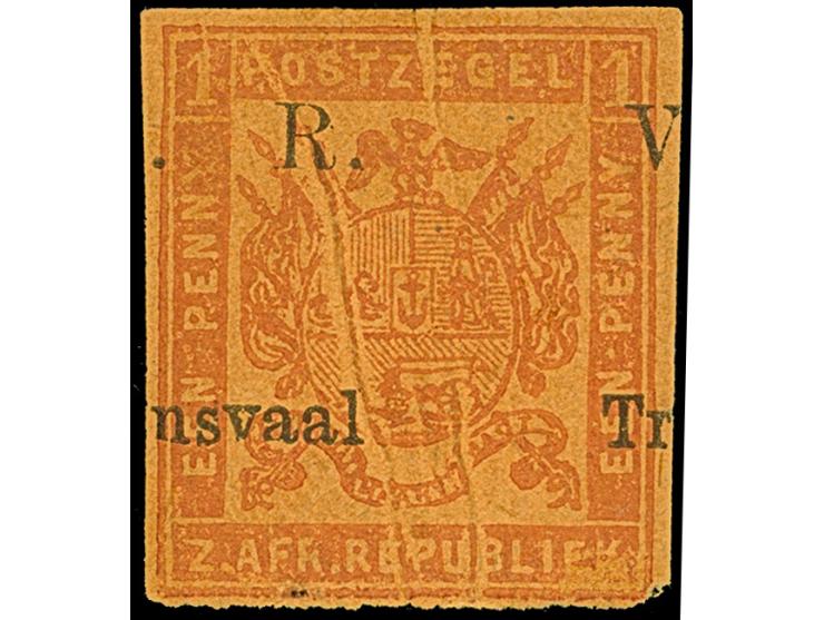 1877/79, 1d. red on orange, horizontal shifted overprint ´V.R./Transvaal´ in black, imperforate with well margins, natural pa