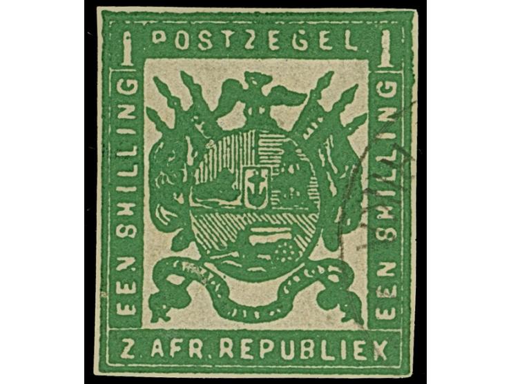 1870, M.J. Viljoen 1 s. deep green from over-inked plate, medium paper, blotchy heavy printing, closed margins, cut used with