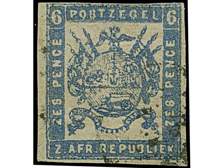 1870, Typographed by M.J. Viljoen in Pretoria 6 d. dull ultramarine, coarse impression, imperforate, light cancelled, well to