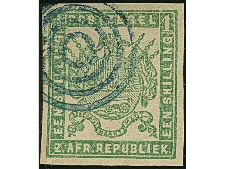 1870, Typographed by M.J. Viljoen in Pretoria 1 s. yellow green, coarse impression, on thicker hard paper, fine taget cancell