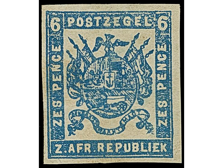 1876, Typographed by J.F. Celliers on behalf of the Stamp Commission, Pretoria 6 d. deep bright blue on stout hard surfaced p