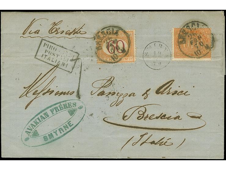 1870, Austrian P.O. small type Smirne 19.2.70 cds. on an unfranked folded letter to Italy, alongside boxed “Piroscafi Postali