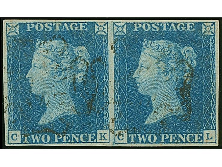 1840, QV 2d. blue, plate 2, horizontal pair, lettered CK-CL, four good margins, cancelled with Maltese Cross in black, a very