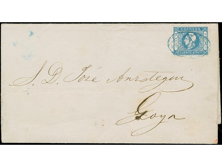 1859, BUENOS AIRES:  1 p. blue, fine impression, large margins all around, luxuriant color, tied by blue oval grid to letter 