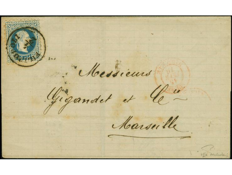 1879 (February 4), 10 sld. blue Franz Josef, tied to folded letter to Marseille by Filipopoli c.d.s., reverse with red Geneva