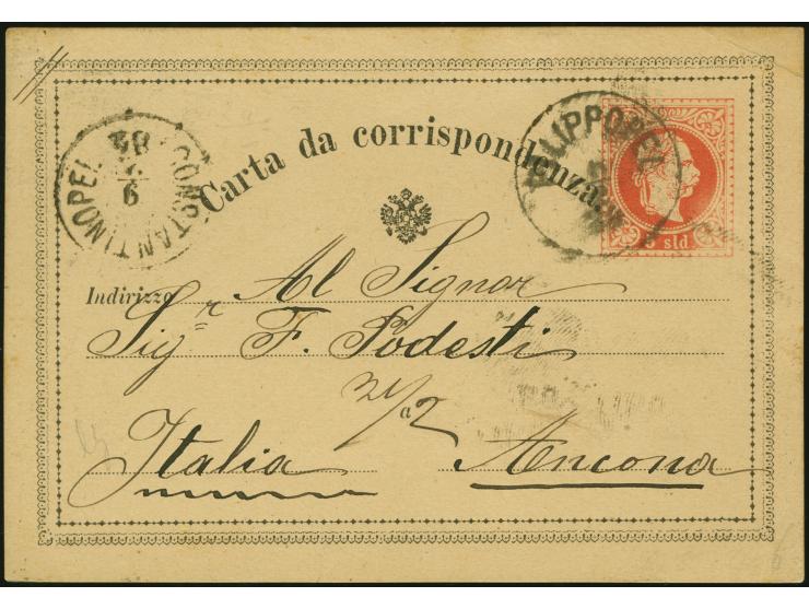 1884 (February 6), 5 sld. Franz Josef stationery card to Ancona, Italy, struck with Filippopel c.d.s., Constantinople c.d.s. 
