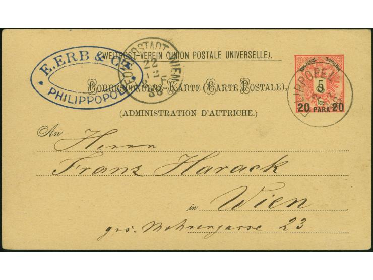 1888 (January 29), 20pa on 5kr postal stationery card, cancelled by choice Filippopel c.d.s., bold oval commercial sender's h
