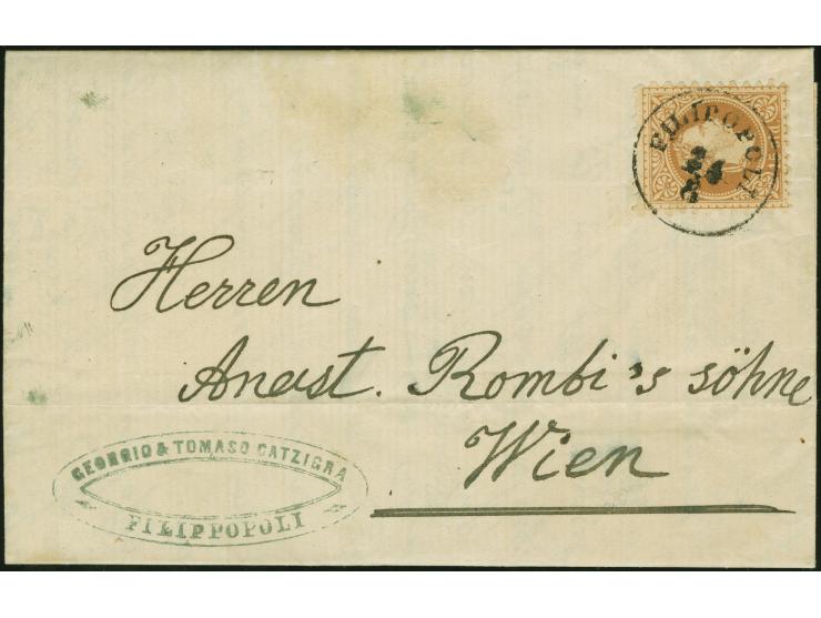 1870 (August 24), folded letter to Vienna, franked with Austrian Levant 15 sld. brown, Coarse Print, tied by Filipopoli c.d.s
