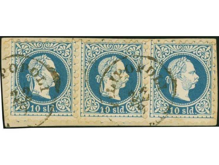 1876-83, 10 sld. blue Franz Josef, Fine Print, horizontal strip of three, tied to small piece by two strikes of Filipopoli c.
