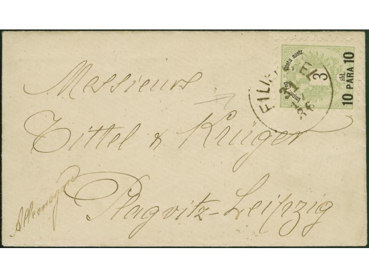 1886 (31 December), 10pa on 3sld. Coat of Arms, tied to cover to Leipzig by Filipopoli c.d.s., reverse with Constantinople tr
