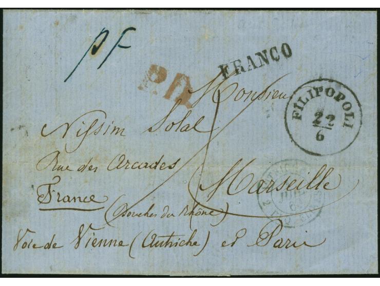 1860 (June 22), folded letter from Plovdiv to Marseille, struck with Filipopoli despatch c.d.s., handstamped FRANCO in black 
