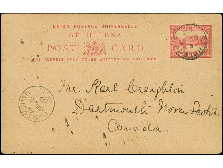 1896/97, Four Postal Stationery cards St. Helena 1 d. red on buff, a complete unused answering card, single unused overprinte