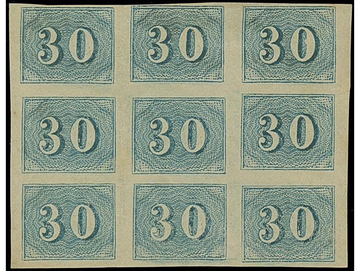 1854, Coloridos 30 r. greyish-blue on greyish thin paper, an unused block of nine with good to large margins all round, unuse