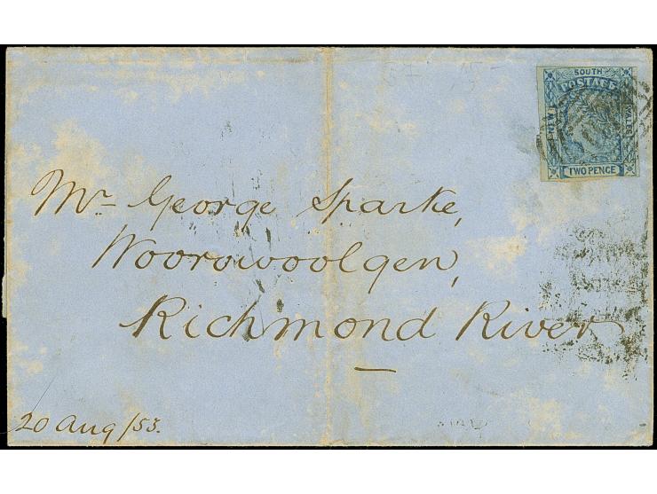 1853, 2 d. deep ultramarine, plate II, bluish paper, single tied to envelope from Sydney by mute cancel, good margins on thre