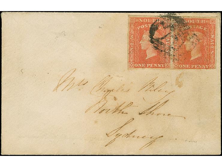 1856/60, 1 d. orange-vermilion horizontal pair tied by barred oval handstamps on envelope to Sydney, well margins on three si