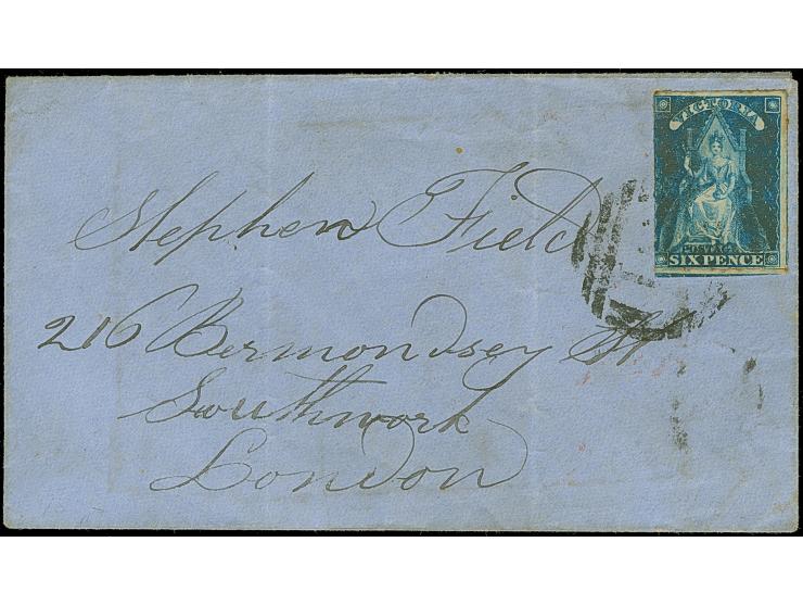 1860, Queen Victoria, 6 d. blue, good to large margins on three sides (bit of adjacent stamp visible at bottom and right), ti