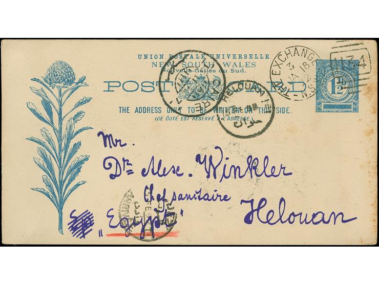 1892, 1½ d. blue postal stationery card cancelled ‘1134 THE EXCHANGE NSW 3 JA/18/92’, transit marks SUEZ and CAIRE 15/2/92, a