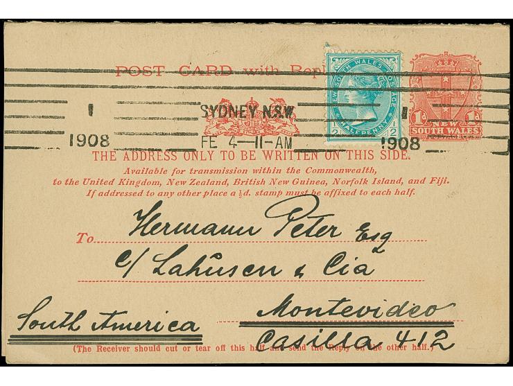 1908, 1 d. + 1 d. red-brown postal stationery complete answering card used uprated with ½ blueish-green, machine cancel SYDNE
